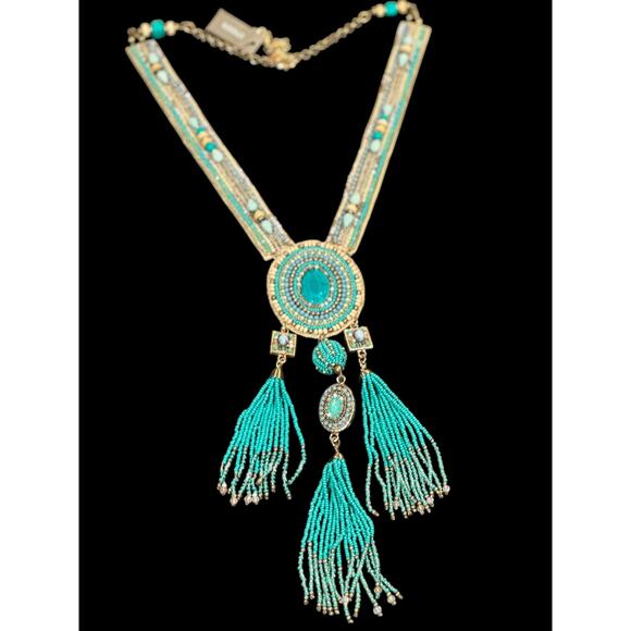 CHICO'S Boho Statement Necklace – Turquoise Fringe Tribal Beaded Medallion - Picture 9 of 13